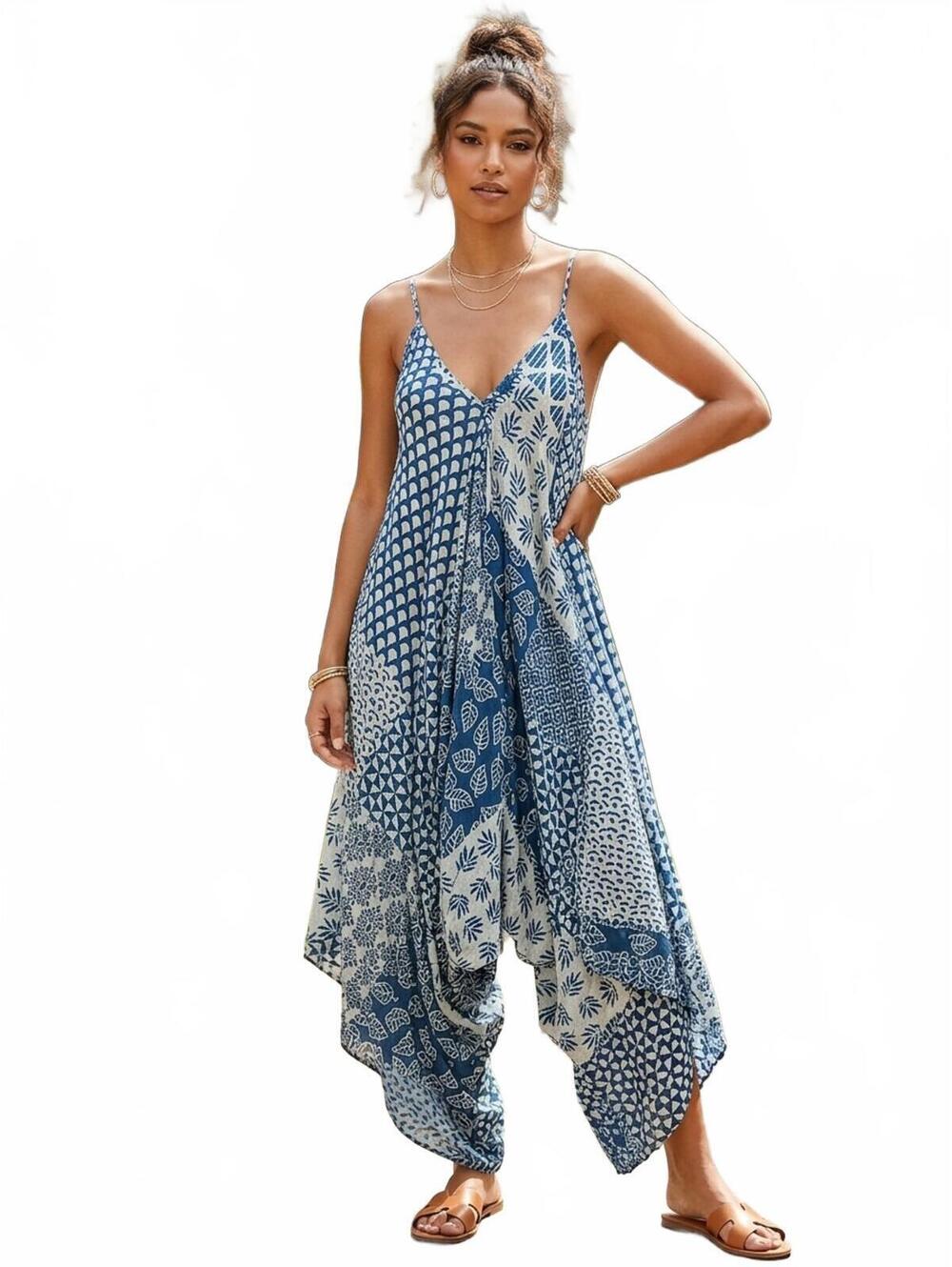 World Market Boho Style Blue White Patchwork Romper L/XL